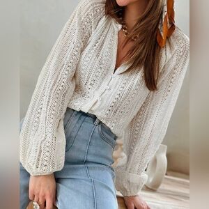 New Boho Sheer Crochet Knit Button Up Top Long Bishop Sleeve Cream Tan Beige